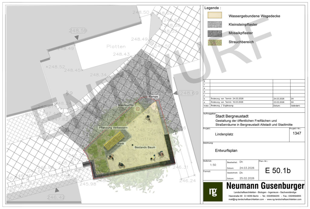 Entwurfsplan zur Gestaltung des Lindenplatz - ein kleines Plateau mit der bestehenden Linde und einer Sitzbank